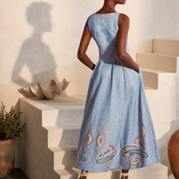 Embroidered Jemima Linen Blue Dress - Sleeveless. - Picture 2 of 5